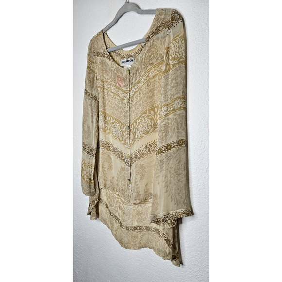 Vintage Lili Crepon Womens Top Plus 1 Tan Floral Sheer Button Up Blouse Shirt - Picture 2 of 10